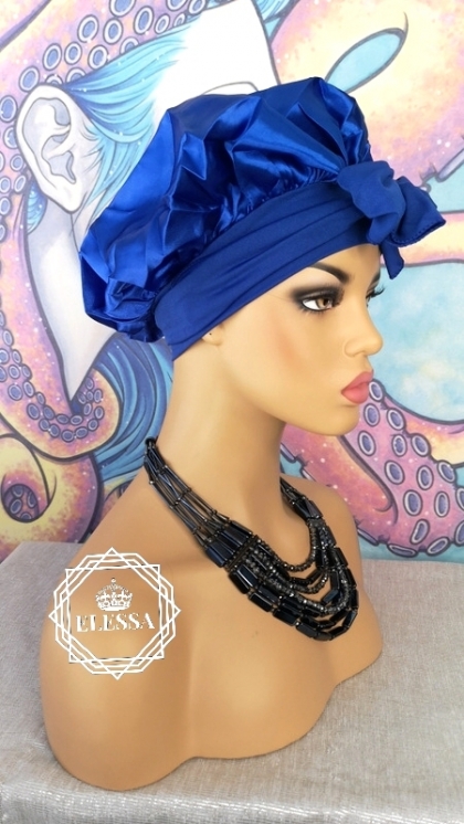 Шикозен Модерен Тюрбан Шапка Боне от Сатен с Ластична Лента със Завръзване Тип Пандела в Ослепително Тъмно Син Цвят, Изящен Тюрбан за Глава, Кралски Принадлежности, Крещяш Цвят, Сатенени Шапки, Шапка за Сън, Шапка на Кралица, Дизайнерска Кройка Боне