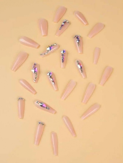 Beautiful Set - 24pcs Long Coffin Rhinestone Decor Fake Press on Nail & 1sheet Tape & 1pc Nail File