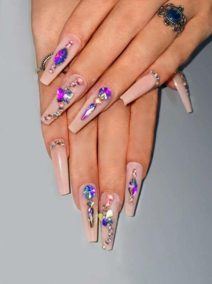 Beautiful Set - 24pcs Long Coffin Rhinestone Decor Fake Press on Nail & 1sheet Tape & 1pc Nail File