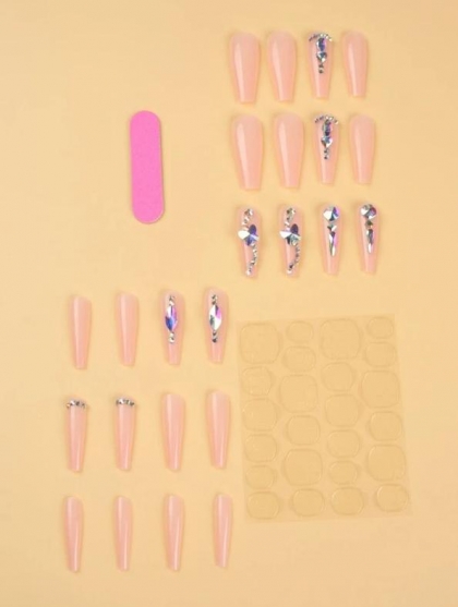 Beautiful Set - 24pcs Long Coffin Rhinestone Decor Fake Press on Nail & 1sheet Tape & 1pc Nail File