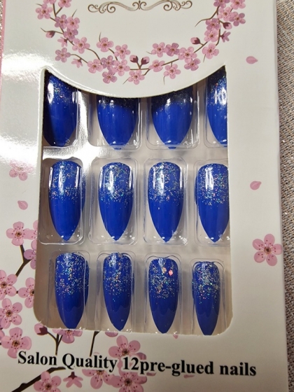 Beautiful Set - 12pcs Long Almond Glitter Royal Blue Color Fake Press on Nail with Glue