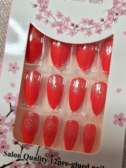 Beautiful Set - 12pcs Long Almond Glitter Bright Red Color Fake Press on Nail with Glue