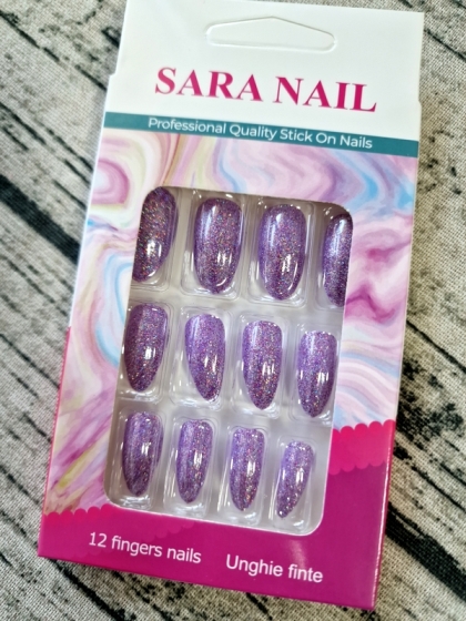 Beautiful Set - 12pcs Long Almond Glitter Purple Color Fake Press on Nail with Glue