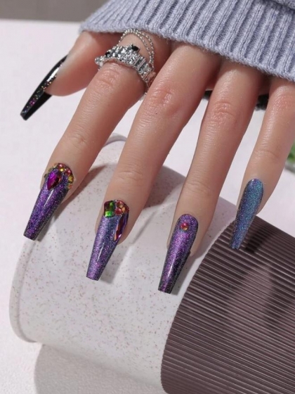 Beautiful Set - 24pcs Long Coffin Hologram Purple Glitter Fake Press on Nail