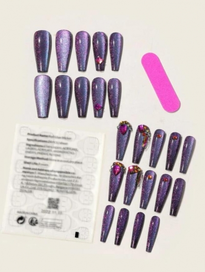 Beautiful Set - 24pcs Long Coffin Hologram Purple Glitter Fake Press on Nail
