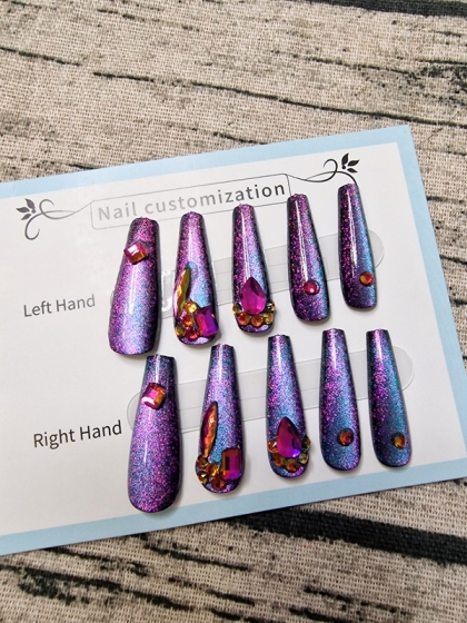 Beautiful Set - 24pcs Long Coffin Hologram Purple Glitter Fake Press on Nail