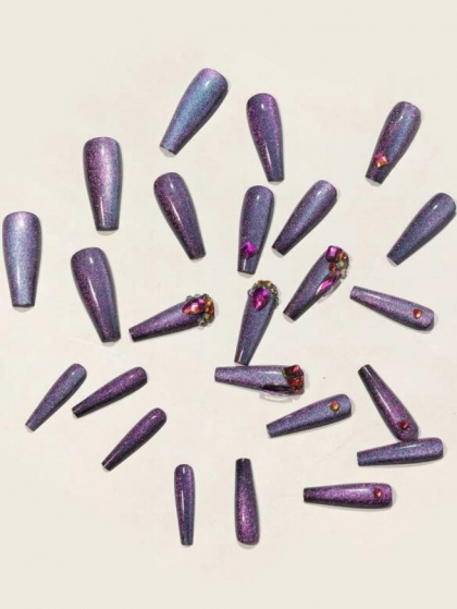 Beautiful Set - 24pcs Long Coffin Hologram Purple Glitter Fake Press on Nail