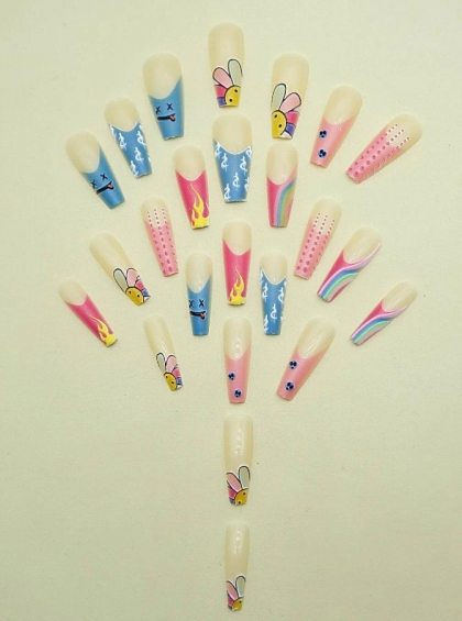 Beautiful Set - 24pcs Long Coffin Floral Design Fake Press on Nail