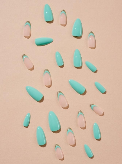 Beautiful Set - 24pcs Long Almond French Green and Gold Style Fake Press on Nail