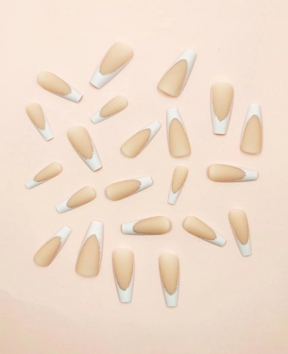 Beautiful Set - 24pcsLong Coffin Glitter French Style Fake Press on Nail