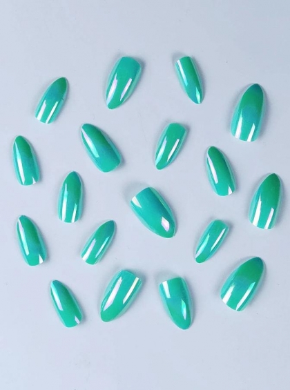 Beautiful Set - 24pcs Long Almond Turquoise Design Fake Press on Nail