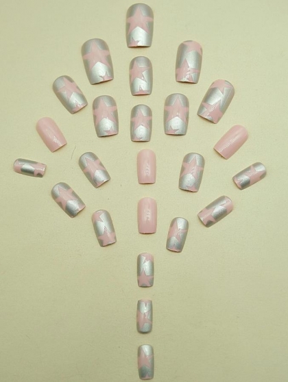 Beautiful Set - 24pcs Long Square Metallic Star Design Fake Press on Nail