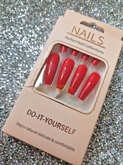 Beautiful Set - 24pcs Long Coffin Solid Bright Red Design Fake Press on Nail