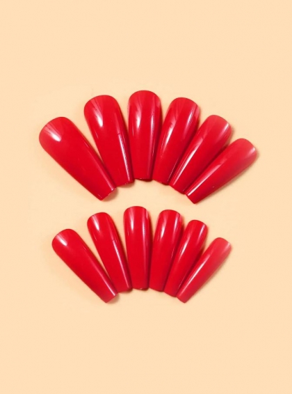 Beautiful Set - 24pcs Long Coffin Solid Bright Red Design Fake Press on Nail