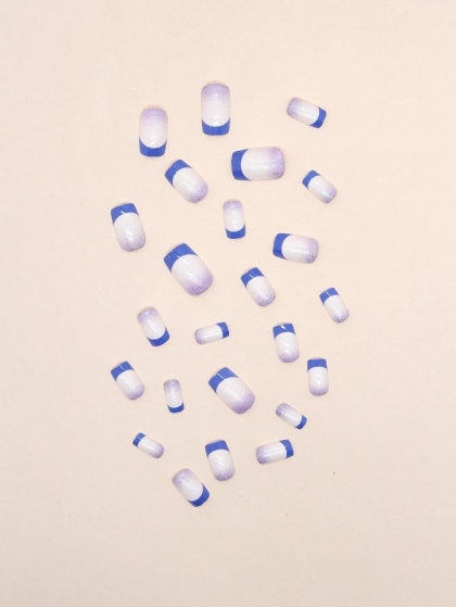 Beautiful Set - 24pcs Short Square Glitter Blue Detail Design Fake Press on Nail