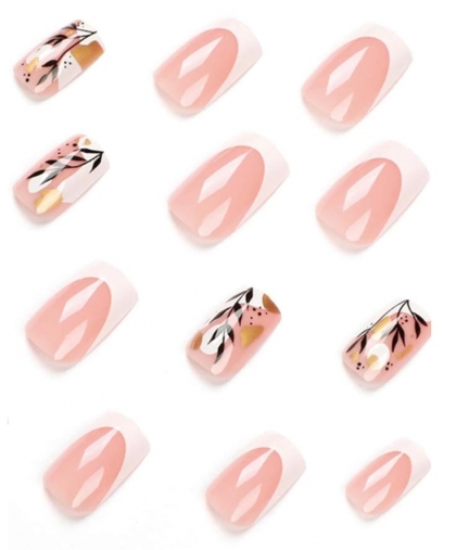 Beautiful Set - 24pcs Long Square Leaf Design Fake Press on Nail