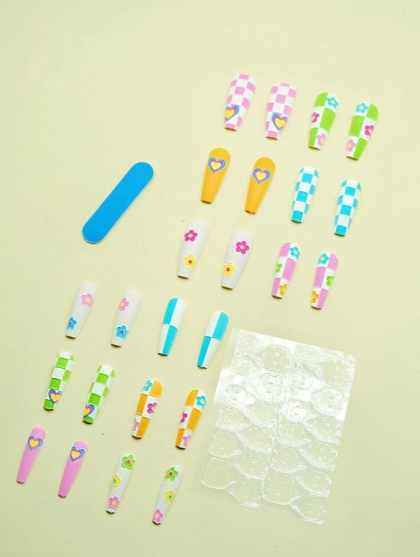 Beautiful Set - 24pcs Long Coffin Floral / Heart Design Fake Press on Nail