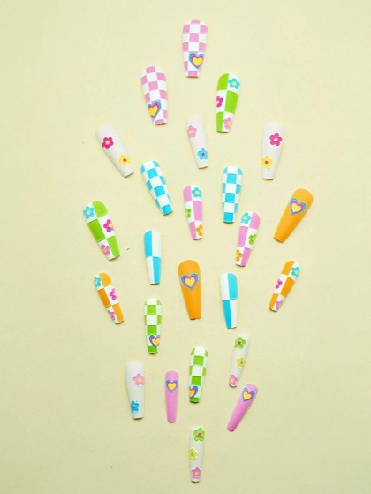 Beautiful Set - 24pcs Long Coffin Floral / Heart Design Fake Press on Nail