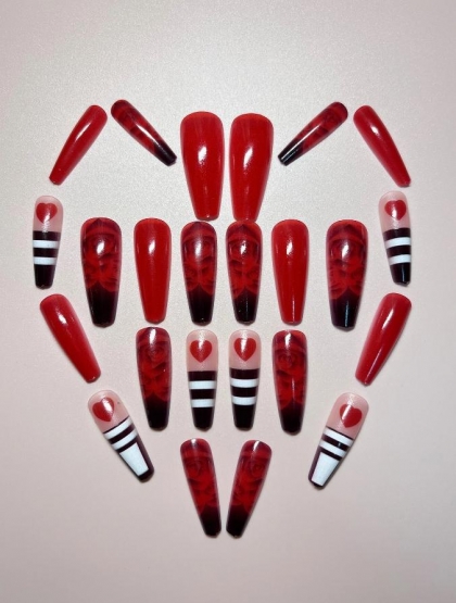 Beautiful Set - 24pcs Long Coffin Rose and Hearts Red Decorative Design Fake Press on Nail