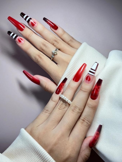 Beautiful Set - 24pcs Long Coffin Rose and Hearts Red Decorative Design Fake Press on Nail