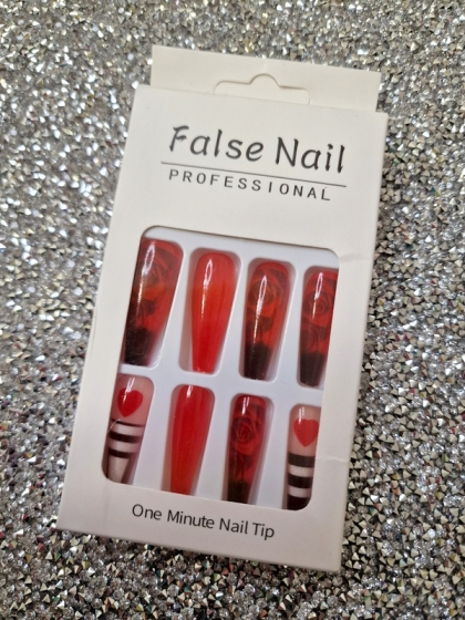 Beautiful Set - 24pcs Long Coffin Rose and Hearts Red Decorative Design Fake Press on Nail