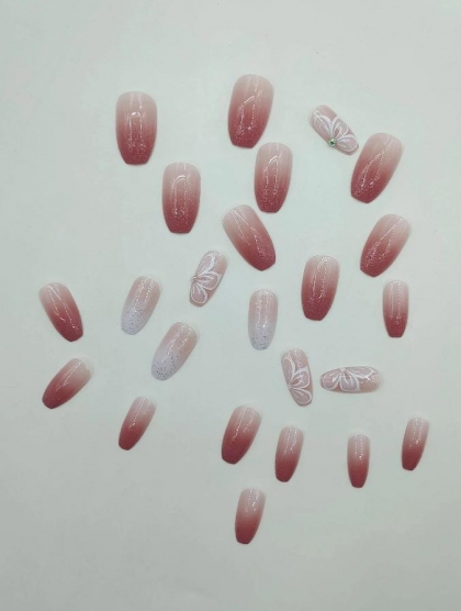 Beautiful Set - 24pcs Long Coffin White Flowers Decorative Design Fake Press on Nail