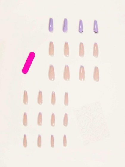 Beautiful Set - 24pcs Rhinestone Decor Light Purple Style Design Fake Press on Nail