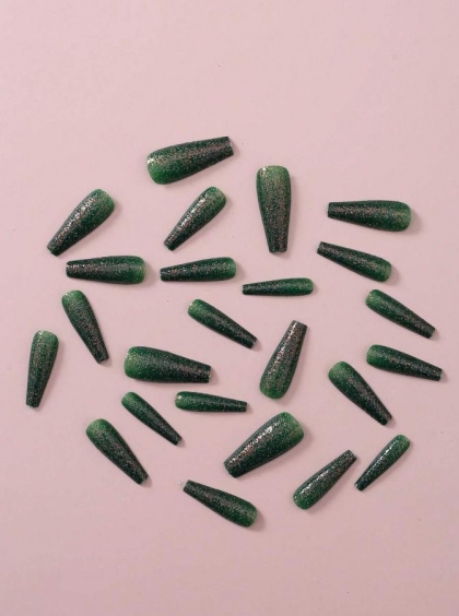 Beautiful Set - 24pcs Long Coffin Deep Green Glitter Design Fake Press on Nail