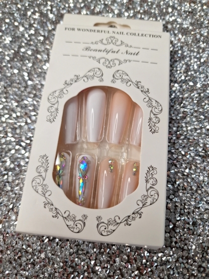 Beautiful Set - 24pcs Long Coffin Swarovski Sparkling Stones Design Fake Press on Nail
