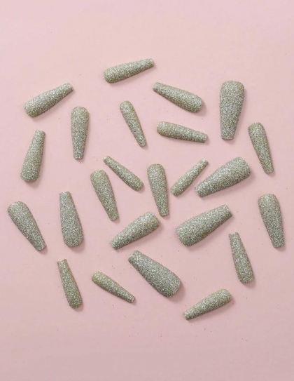 Beautiful Set - 24pcs Long Coffin Light Green Glitter Design Fake Press on Nail