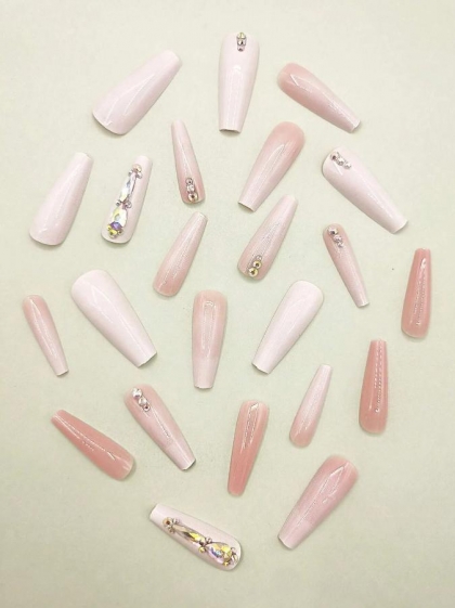 Beautiful Set - 24pcs Long Coffin Swarovski Sparkling Stones Design Fake Press on Nail