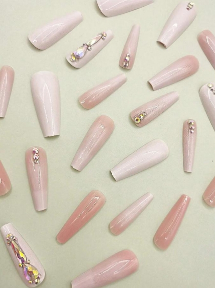 Beautiful Set - 24pcs Long Coffin Swarovski Sparkling Stones Design Fake Press on Nail