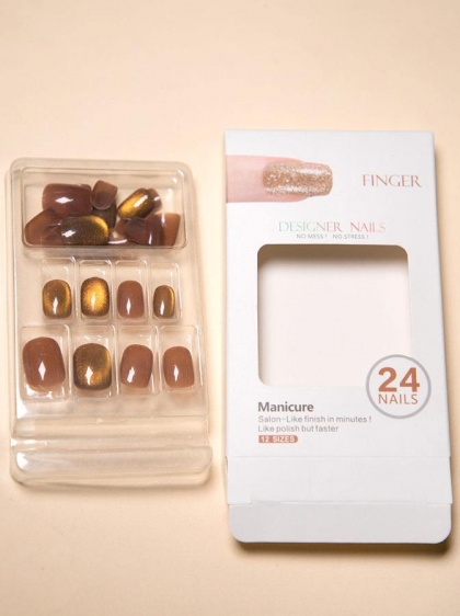Beautiful Set - 24pcs Short Square Glitter / Chameleon 9D Galaxy Cat Eye Design Fake Press on Nail