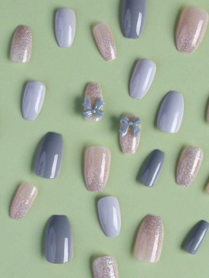 Beautiful Set - 24pcs Long Coffin Grey Sparkle Bow Design Fake Press on Nail