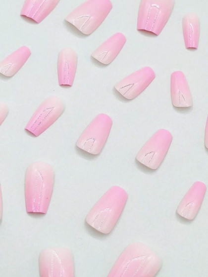 Beautiful Set - 24pcs Short Coffin Ombre Soft Pink Design Fake Press on Nail