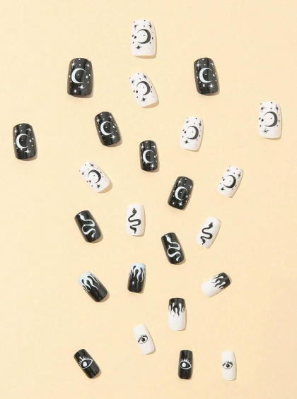 Beautiful Set - 24pcs Long Square Snake Design Fake Press on Nail