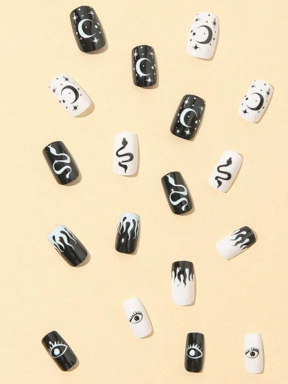 Beautiful Set - 24pcs Long Square Snake Design Fake Press on Nail