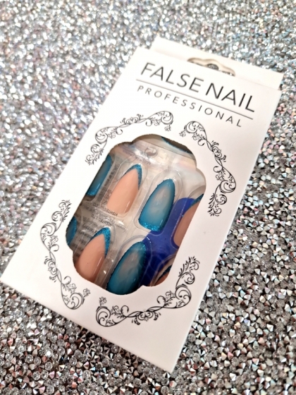 Beautiful Set - 24pcs Long Almond Blue Glitter / Sparkle Color Design Fake Press on Nail
