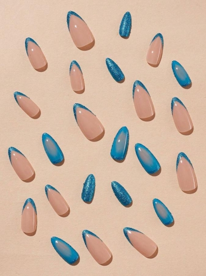 Beautiful Set - 24pcs Long Almond Blue Glitter / Sparkle Color Design Fake Press on Nail