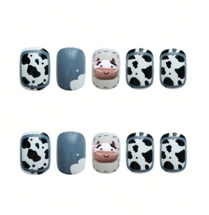 Beautiful Set - 24pcs Short Square Funny Cute Cow Design Fake Press on Nail