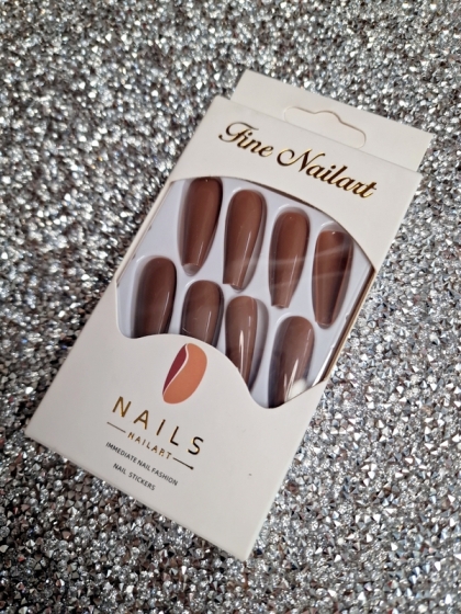Beautiful Set - 24pcs Extra Long Coffin Brown Pure Color Glossy Design Fake Press on Nail