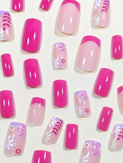 Beautiful Set - 24pcs Square Short Simple French Style Floral Design Fake Press on Nail