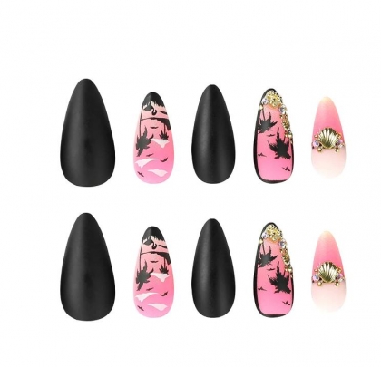 Beautiful Set - 24pcs Long Almond Exotic Summer Palm Design Fake Press on Nail