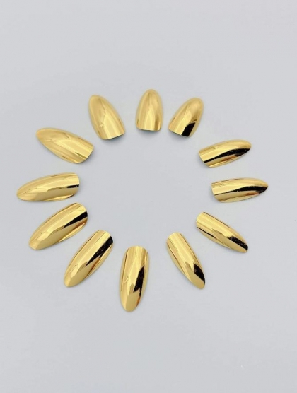 Beautiful Set - 24pcs Short Almond Gold Solid Mirror Design Fake Press on Nail