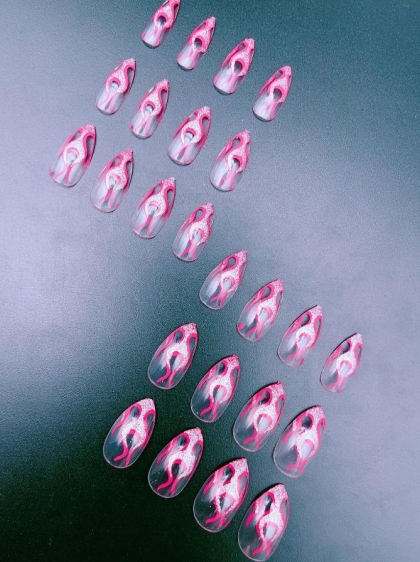 Beautiful Set - 24pcs Long Almond Fire Pink and Silver Sparkle Design Fake Press on Nail