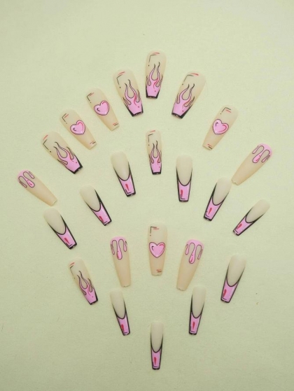 Beautiful Set - 24pcs  Long Coffin Fire Pink Design Fake Press on Nail