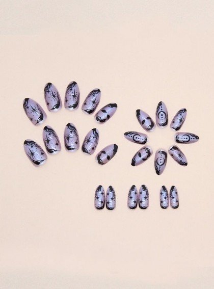 Beautiful Set - 24pcs Long Almond Witch Ritual Glitter Purple Design Fake Press on Nail
