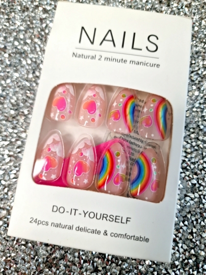 Beautiful Set - 24pcs Long Almond Rainbow Barbie Pink Design Fake Press on Nail