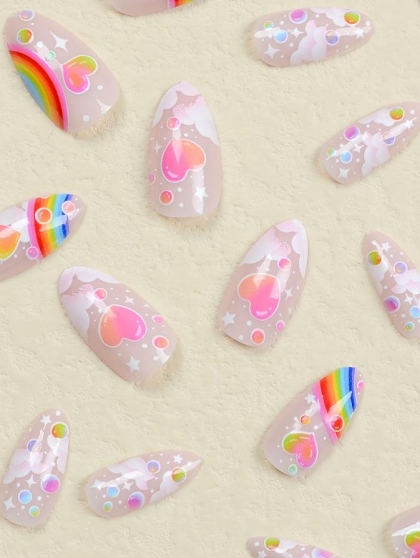 Beautiful Set - 24pcs Long Almond Rainbow Barbie Pink Design Fake Press on Nail