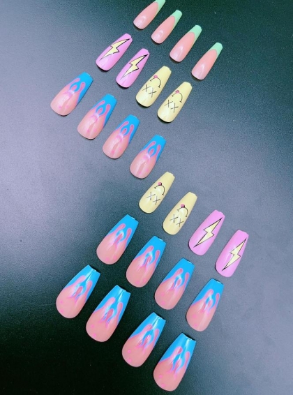 Beautiful Set - 24pcs Long Coffin Fire and Funny Yellow Smile Design Fake Press on Nail